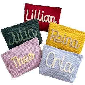 Chunky Yarn Embroidered Corduroy Zipper Pouch